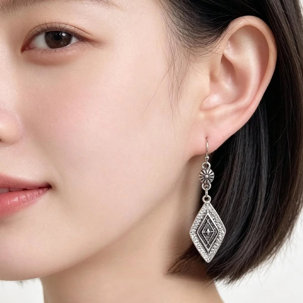 Vintage New Chinese Style Geometric Rhombus Pattern Eco-Friendly Copper Drop Earrings