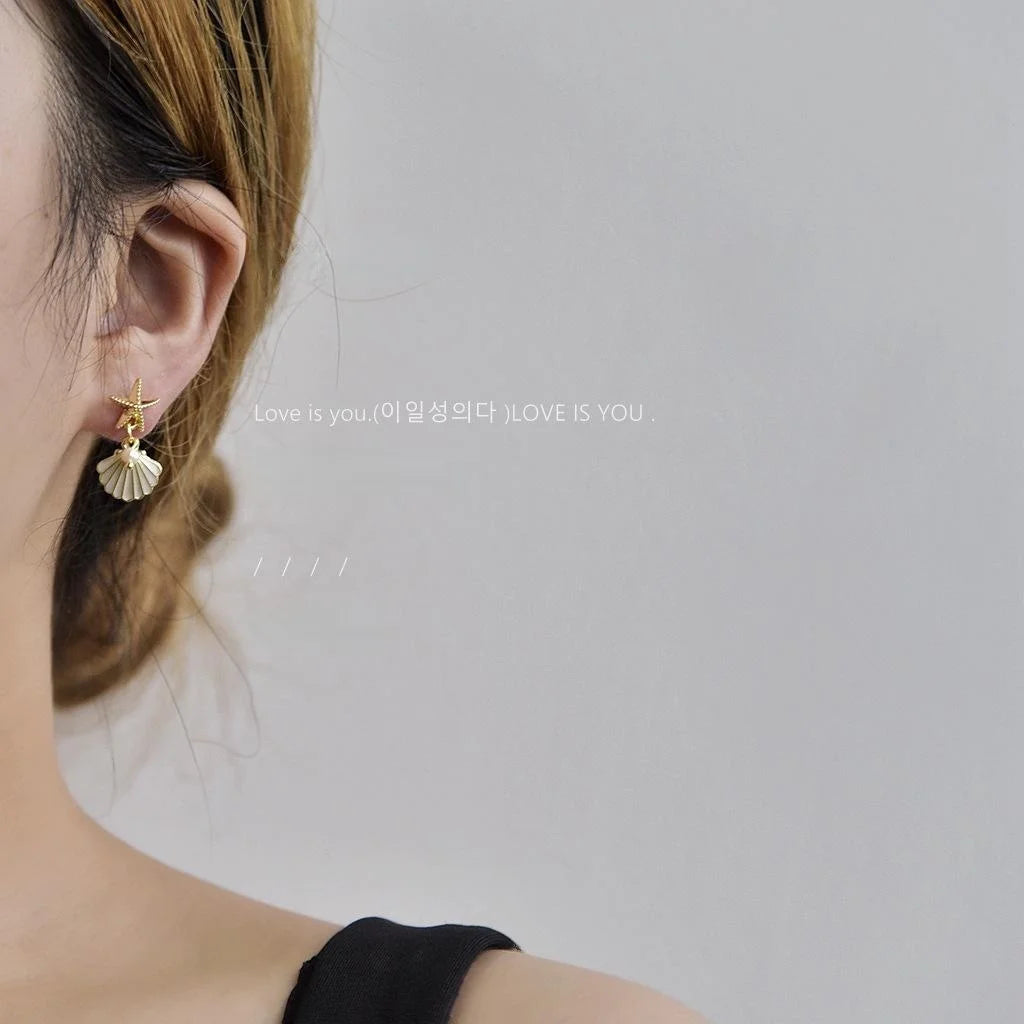 14K Plated Alloy Starfish Stud Earrings With Pearl Shell Korean Fresh Style Jewelry