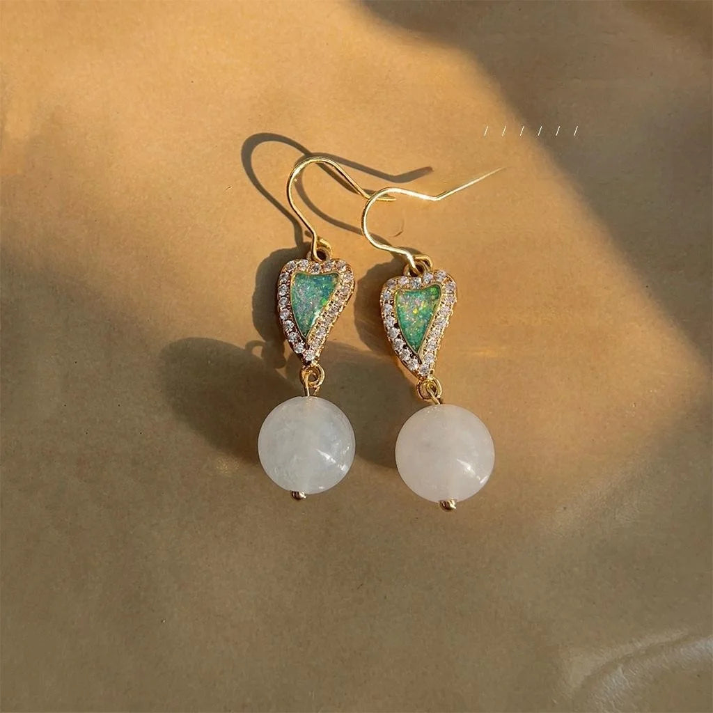 New Chinese White Jade Copper Heart Drop Earrings With Micro Pave Zircon French Vintage Style