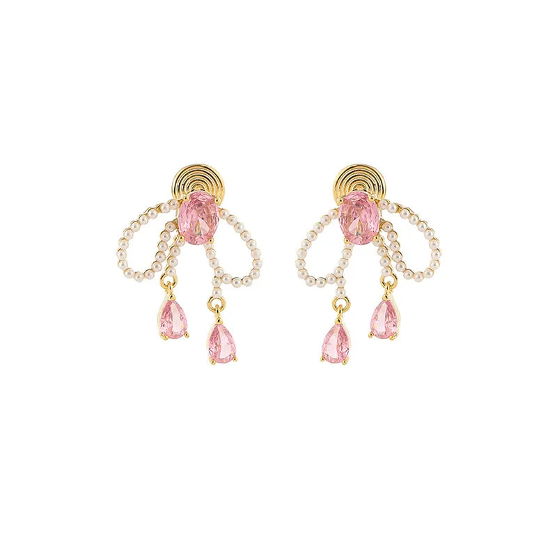 Elegant Pink Zircon And Faux Pearl Bow Tassel Alloy Stud & Clip On No Piercing Bridal Party Earrings