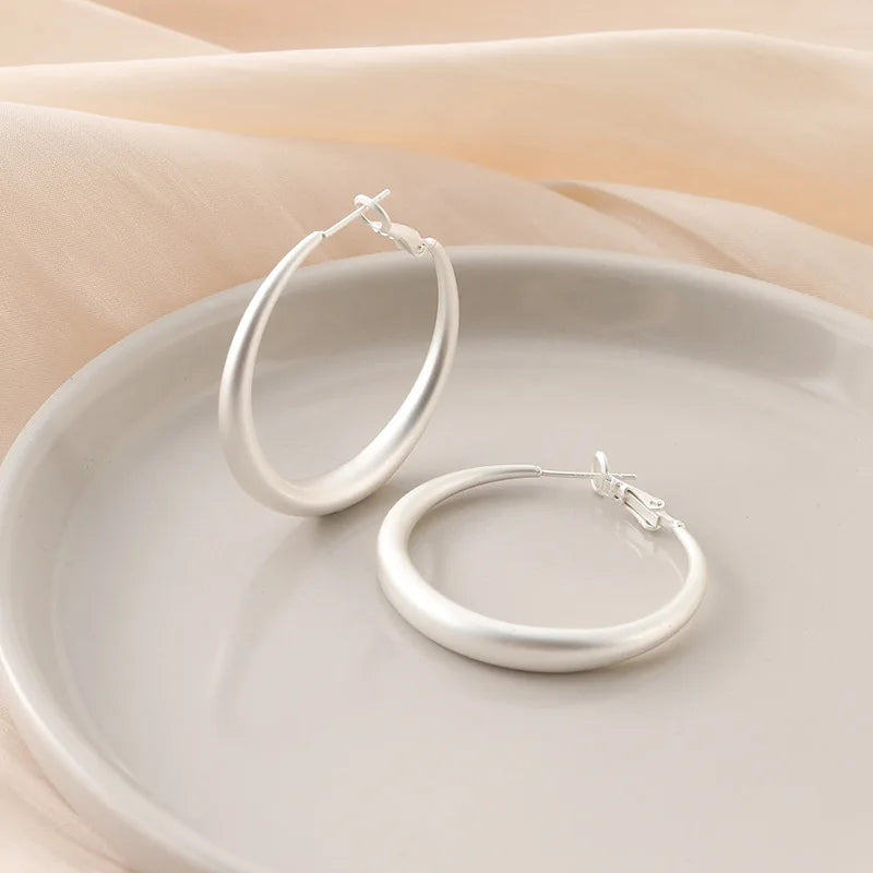 Matte Silver Alloy Open Hoop With Spiral Disc, Minimalist Stud & Clip On No Piercing Earrings