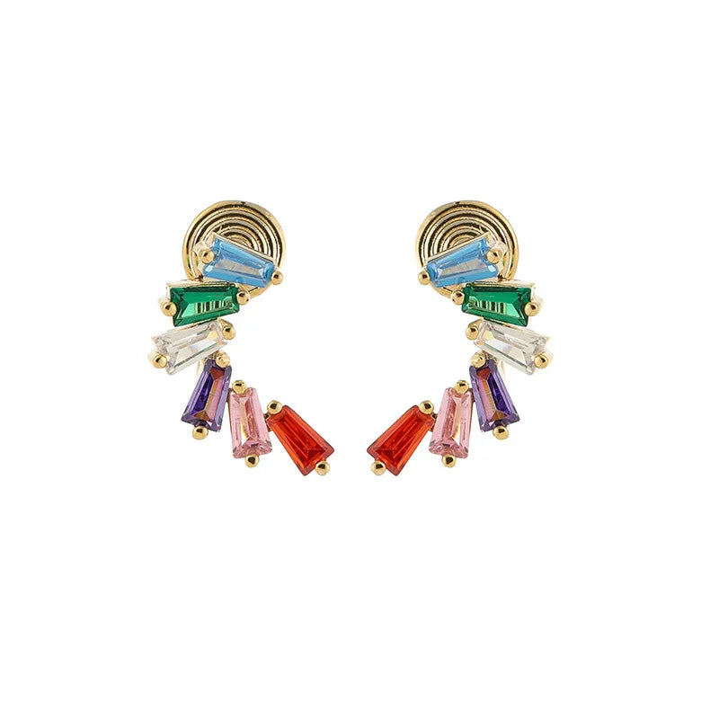 Elegant Geometric Rainbow Baguette Zircon Ear Crawler Stud & Clip On No Piercing Colorful Alloy Earrings