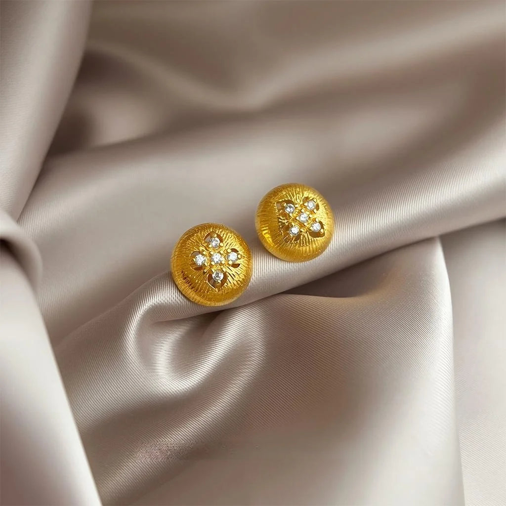 14K Plated Copper Flower Micro Pave Zircon Round Geometric Stud Earrings