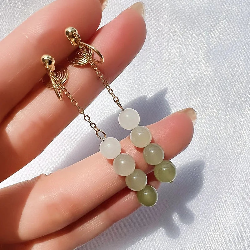 Vintage Chinese Style Gradient Jade Bead Tassel Alloy Spiral Disc Stud & Clip On No Piercing Earrings