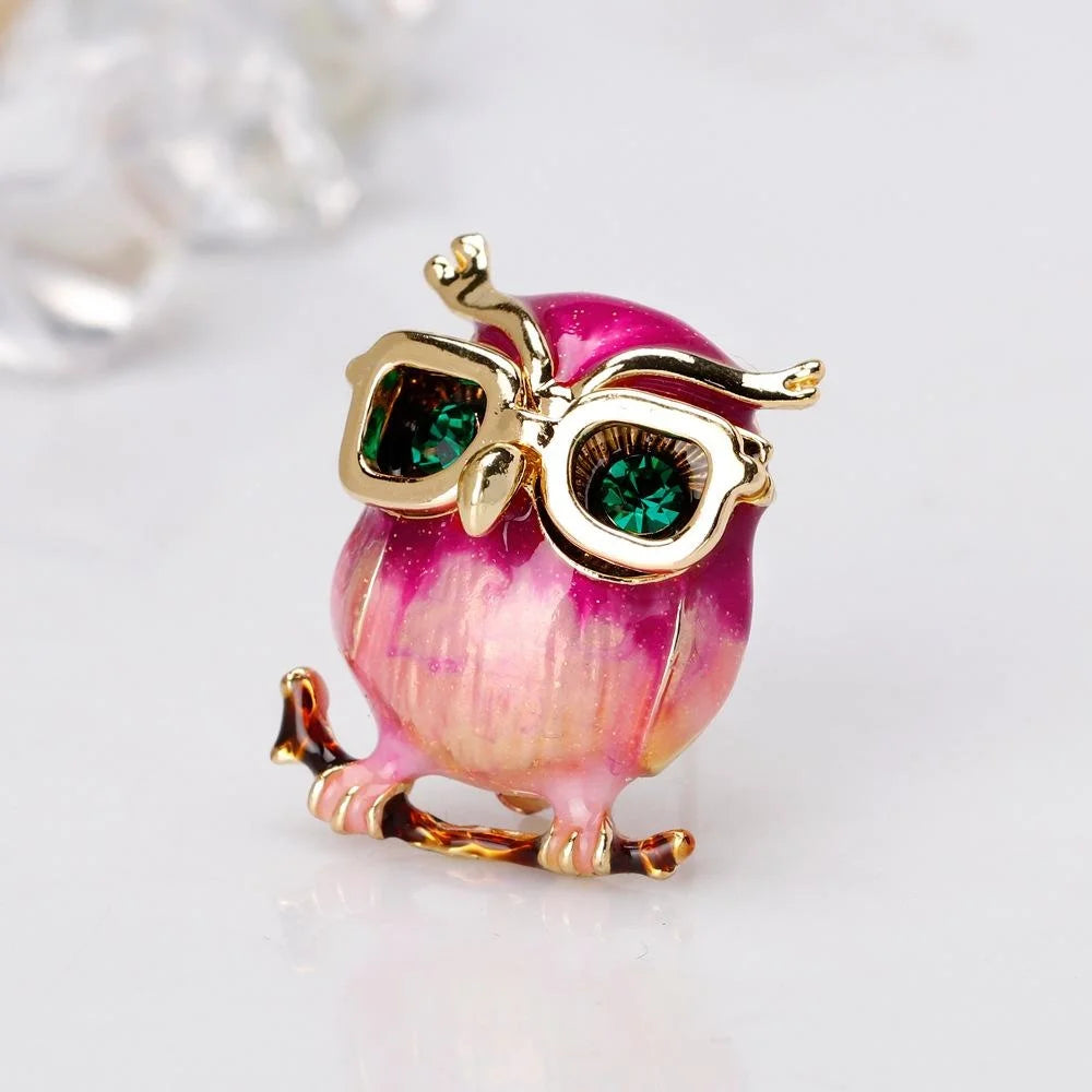 Cute Enamel Owl Brooch With Green Rhinestone Eyes, Gold Alloy Lapel Pin Corsage Suit Accessory Gift