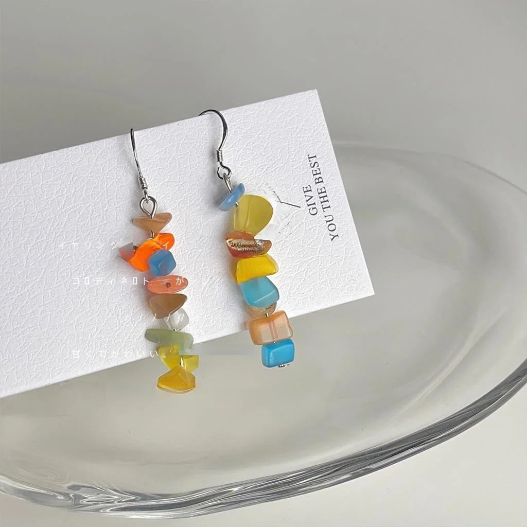 Sweet Geometric Glass Cat Eye Stone Tassel Drop Earrings With Silver Plated Pins