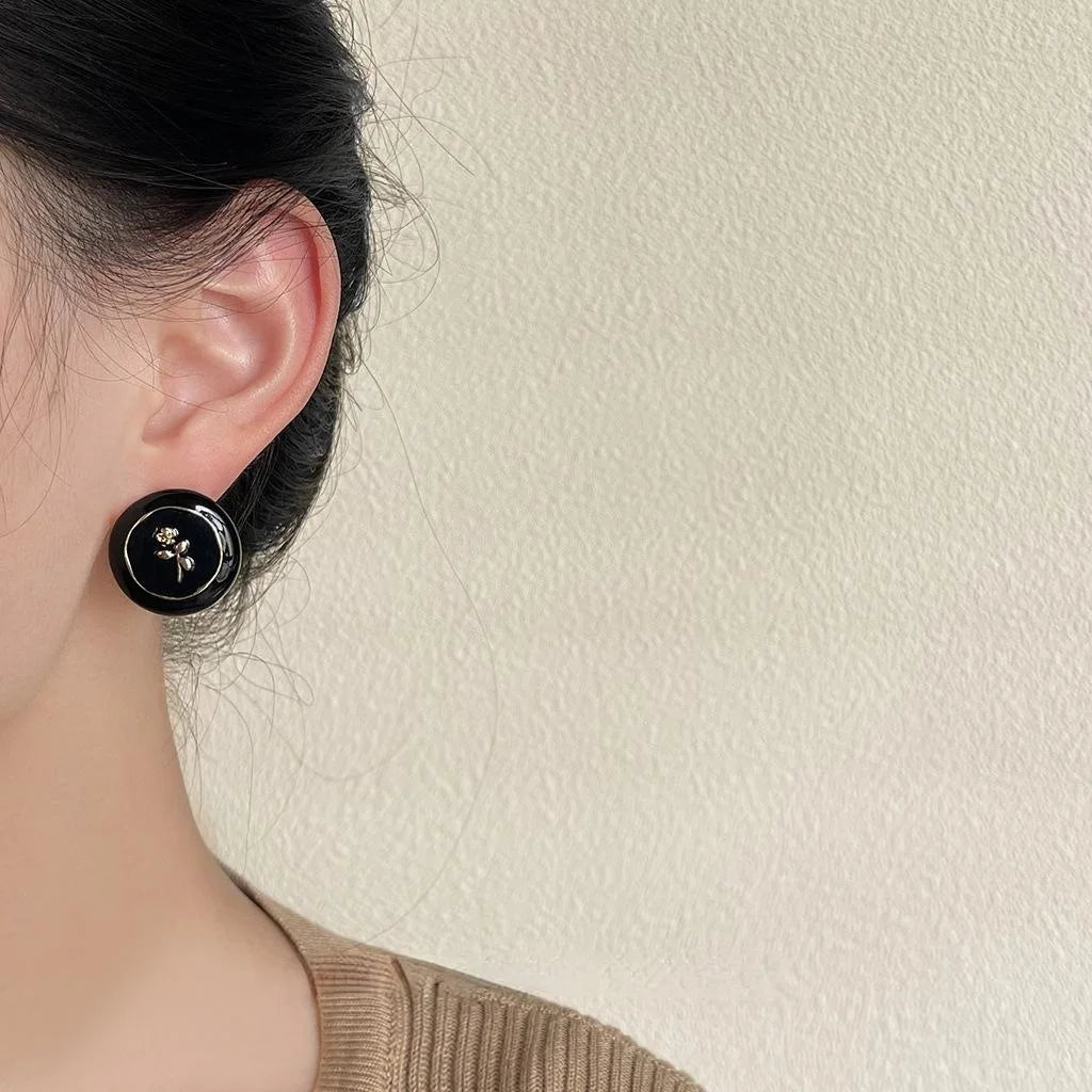 Vintage Black Gold Copper Round Stud Earrings With Enamel Rose Geometric French Style