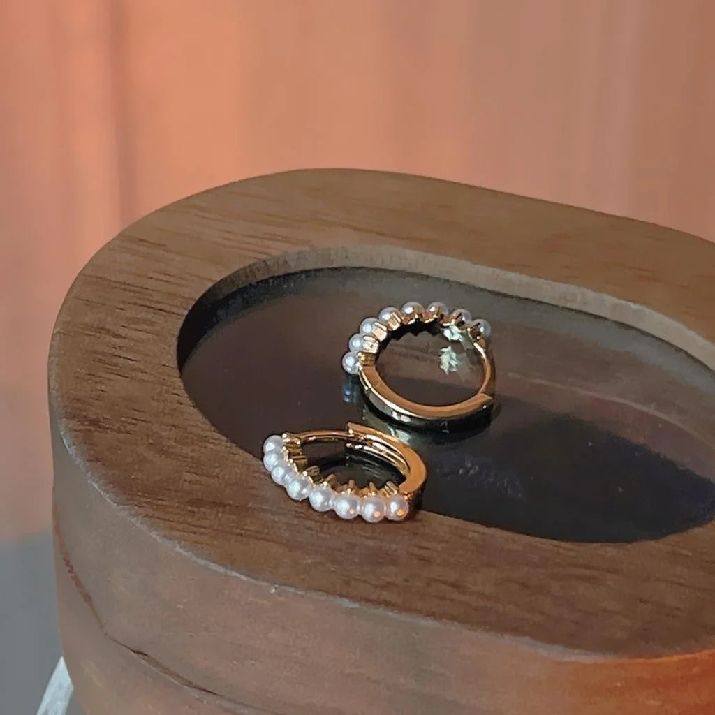 French Elegant Copper Pearl Hoop Earrings, Minimalist Small Beaded Round Jewelry