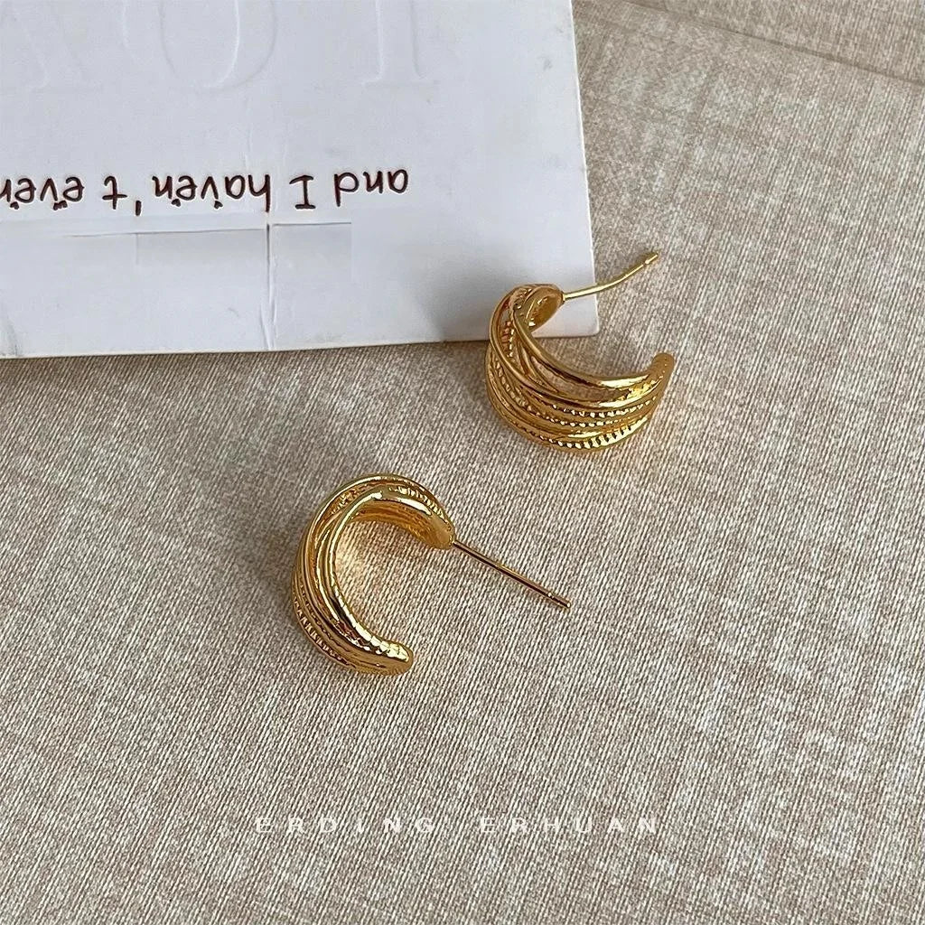 14K Gold Plated Copper Geometric Line Drop Earrings Minimalist Luxury Hoop Style Jewelry