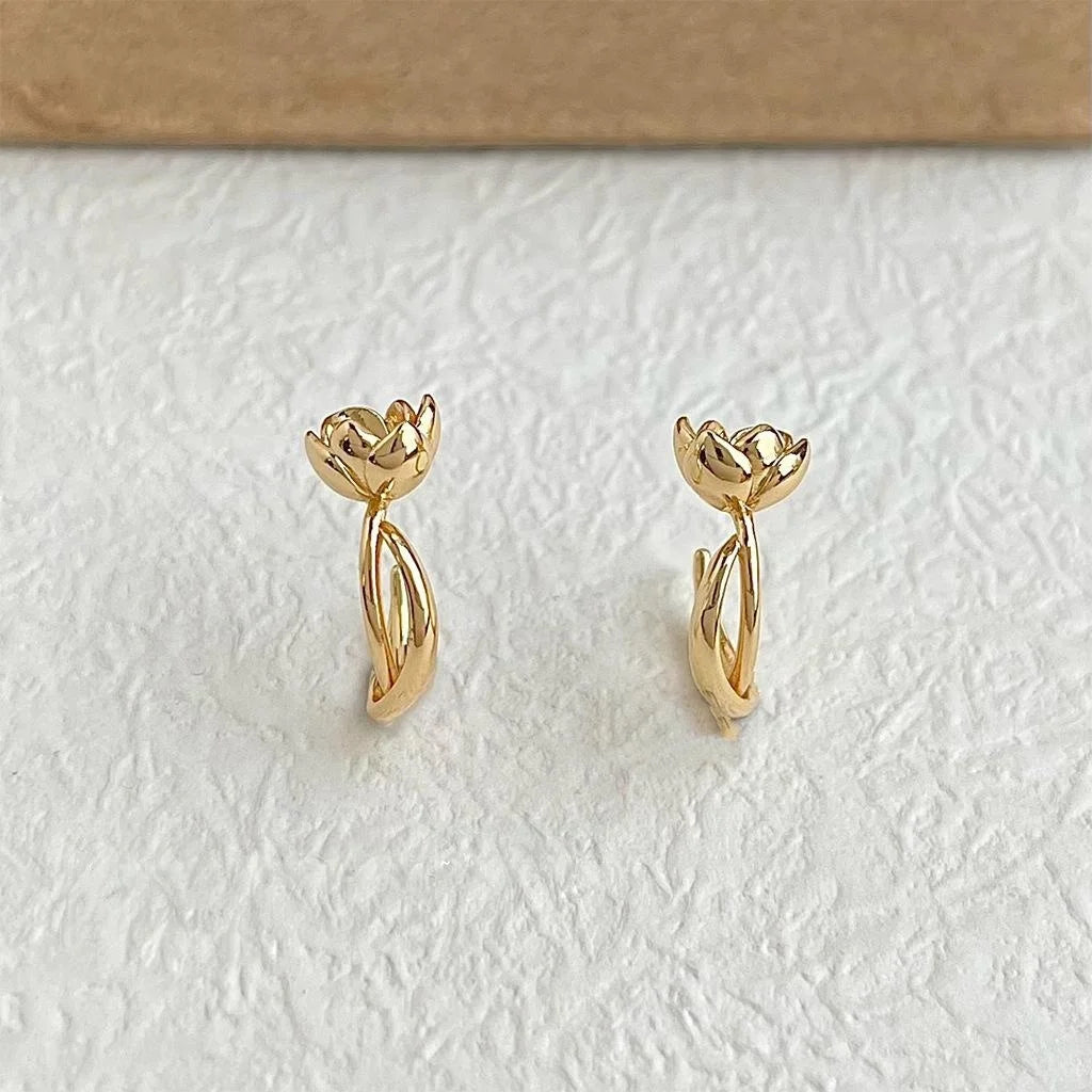Minimalist Copper Lotus Flower Stud Earrings For Women Elegant Commuter Jewelry