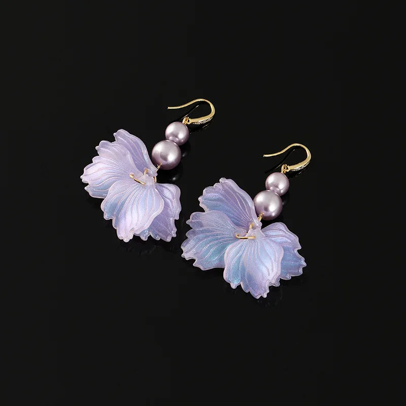 Elegant Handmade Purple Flower Petal Pearl Tassel Alloy Stud & Clip On No Piercing Drop Earrings