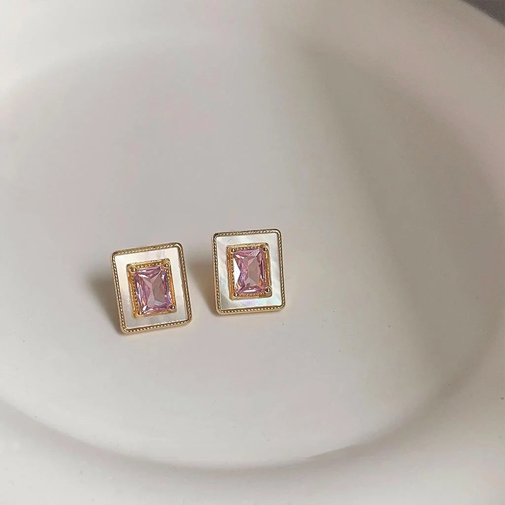 Luxury Pink Zircon Real Shell Geometric Rectangle 14K Plated Copper Stud Earrings