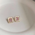 Luxury Pink Zircon Real Shell Geometric Rectangle 14K Plated Copper Stud Earrings