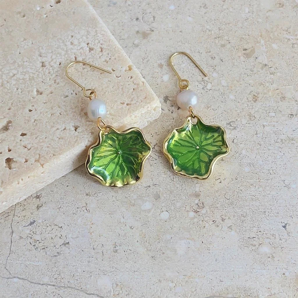 New Chinese 14K Gold Plated Copper Freshwater Pearl Lotus Leaf Enamel Drop Earrings