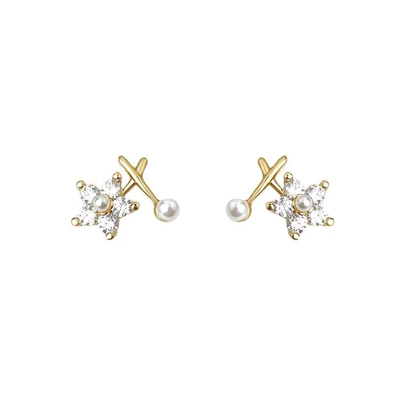 Mini Zircon Flower Stud Earrings 14K Gold Plated Copper Light Luxury Style