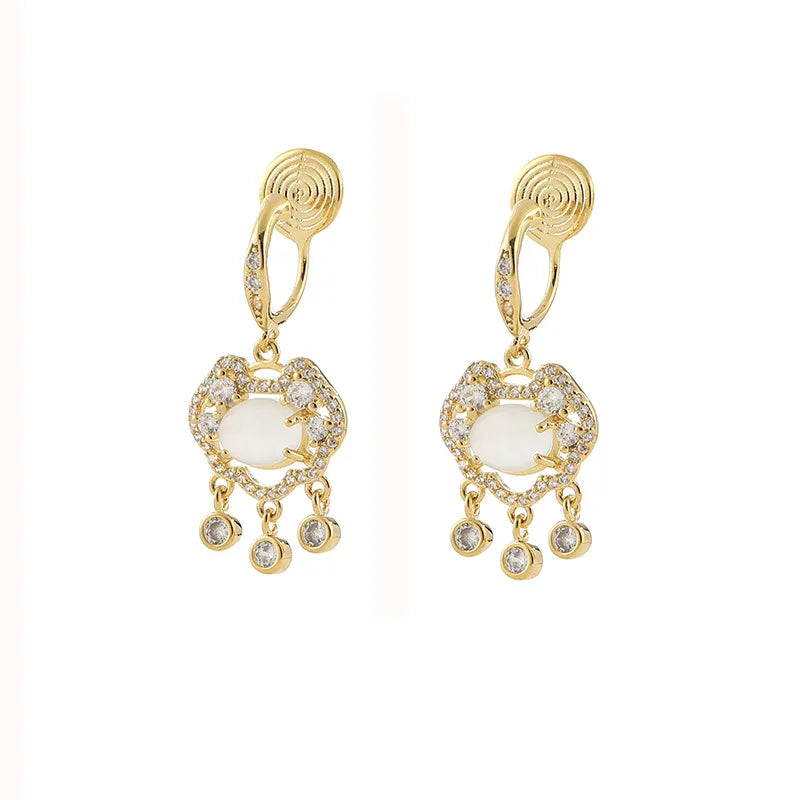 Elegant Chinese Ruyi Peace Lock Spiral Disc Alloy Zircon Dangle Stud & Clip On No Piercing Earrings