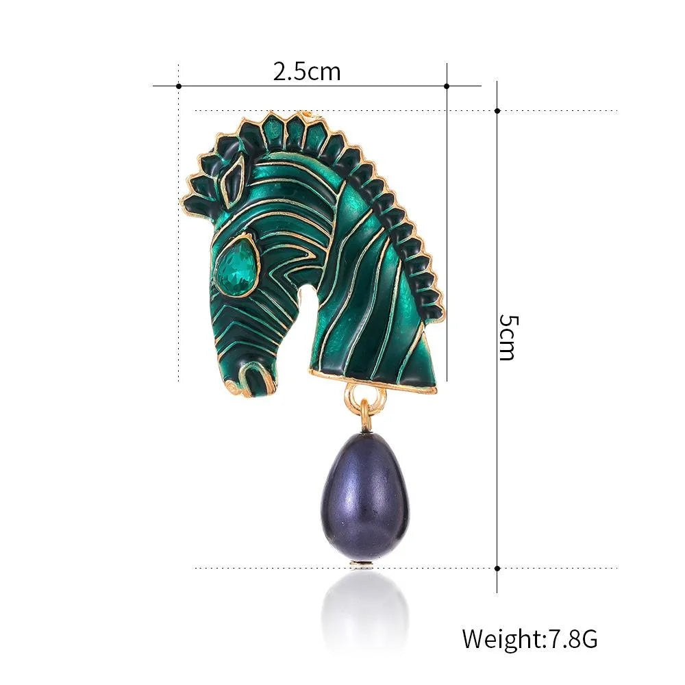 Vintage Zebra Horse Head Enamel Brooch With Green Rhinestone Eye And Pearl Drop, Elegant Lapel Pin Gift