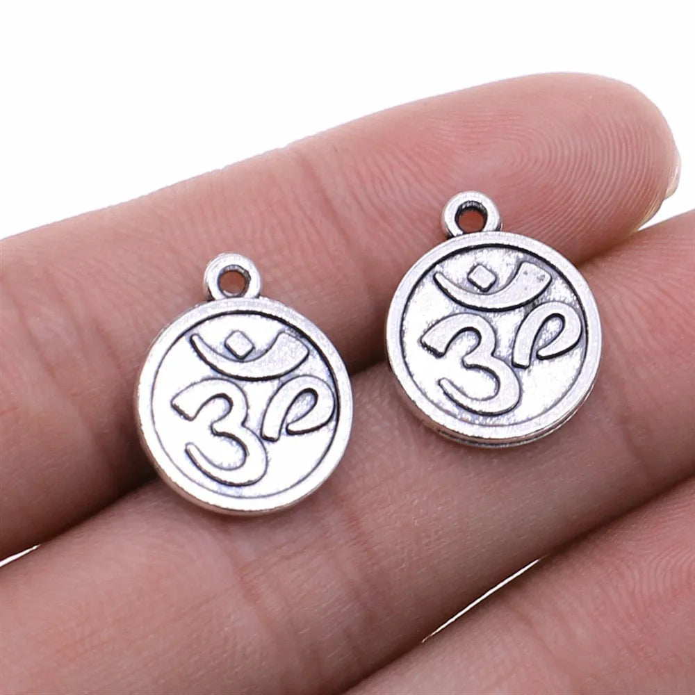 15x18mm 1.8g Antique Silver Zinc Alloy OM Symbol Tag Double Sided Charm Pendant for DIY Necklace Bracelet Jewelry