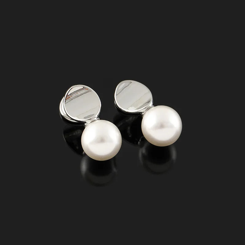 Elegant Oval Disc Faux Pearl Drop Stud & Clip On No Piercing 925 Silver Needle Korean Fashion Earrings