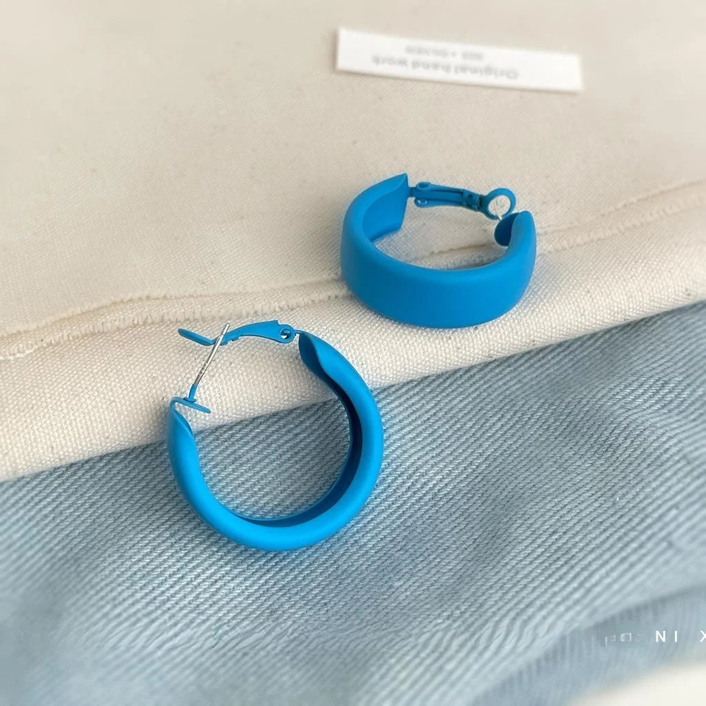 Haze Blue Enamel Round Hoop Drop Earrings Copper Vacation Style Jewelry