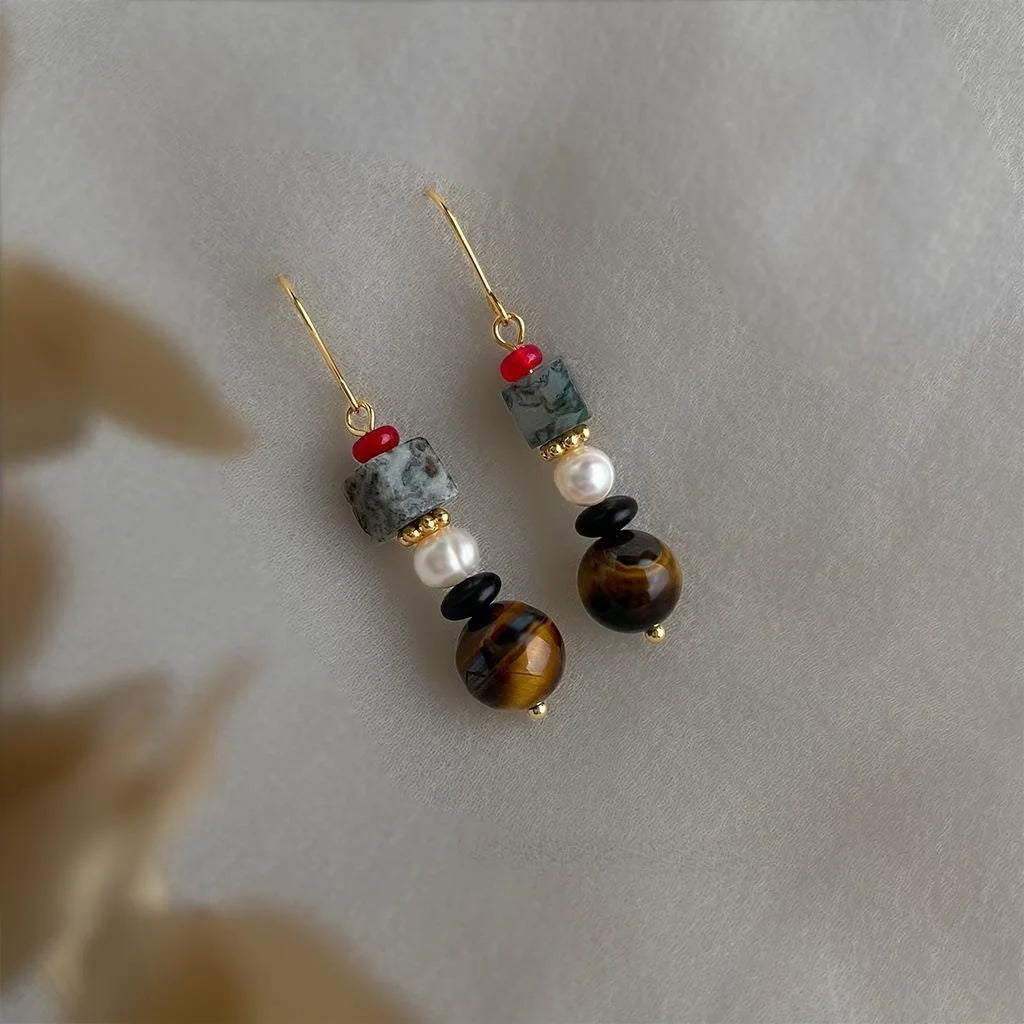 Handmade Tiger Eye Stone Freshwater Pearl Geometric Drop Earrings Ethnic Vintage Chinese Style