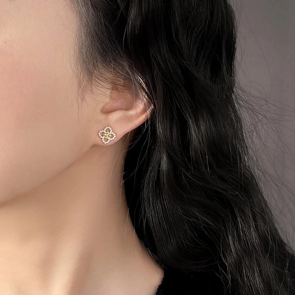 14K Plated Copper Pearl Flower Geometric Stud Earrings Minimalist Commuter Jewelry