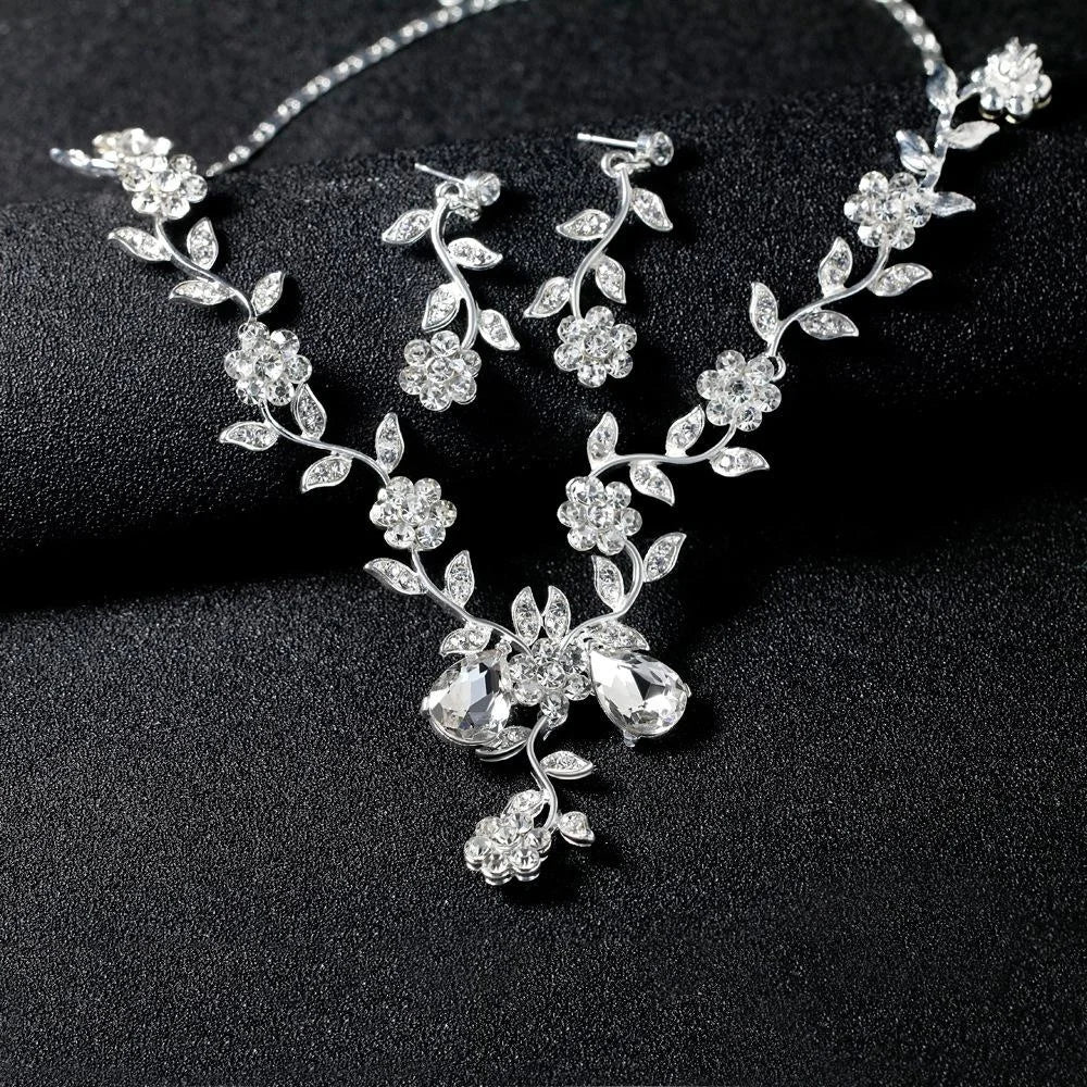 Elegant Bridal Rhinestone Crystal Flower Vine Necklace Earrings Jewelry Set For Wedding Party Gift