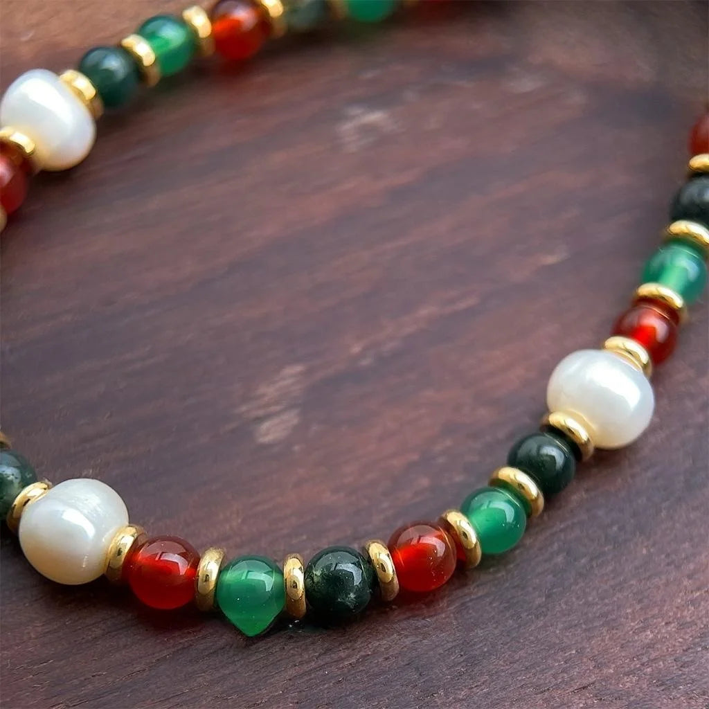 Natural Green Phantom Quartz Red And Green Agate Freshwater Pearl Geometric Ethnic Bracelet