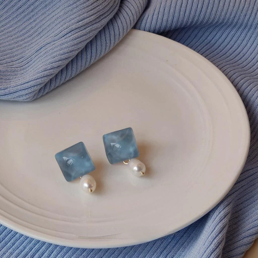 French Handmade Natural Pearl Acrylic Geometric Drop Earrings With Silver Plated Pins