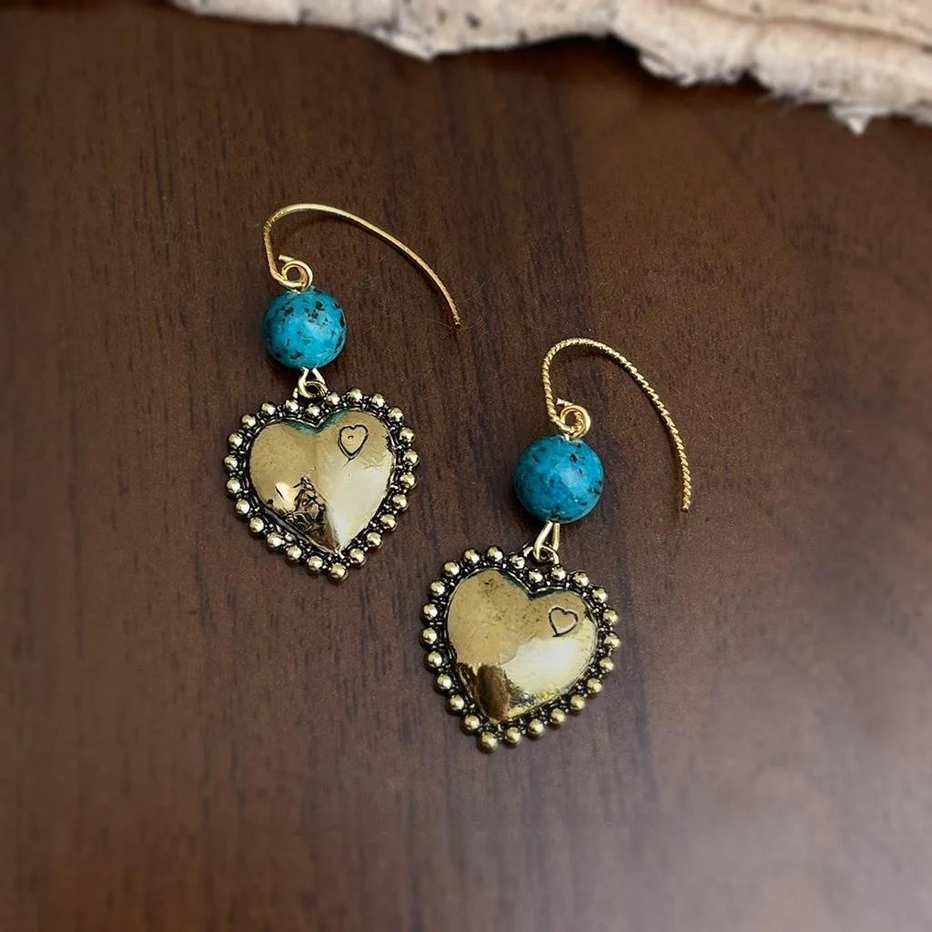 Vintage Ethnic Handmade Blackened Eco Copper Heart Geometric Drop Earrings For Women