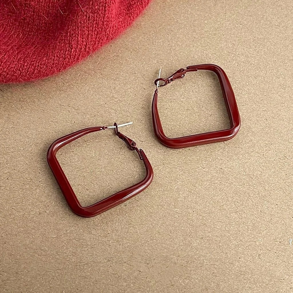 Vintage Hong Kong Style Red Enamel Geometric Square Metal Drop Earrings, Minimalist Ring Design