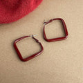 Vintage Hong Kong Style Red Enamel Geometric Square Metal Drop Earrings, Minimalist Ring Design