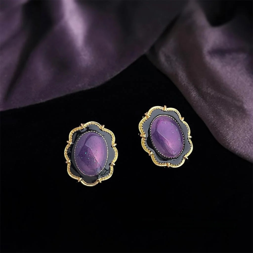 Vintage Purple 14K Plated Enamel Oval Floral Lace Drop Earrings