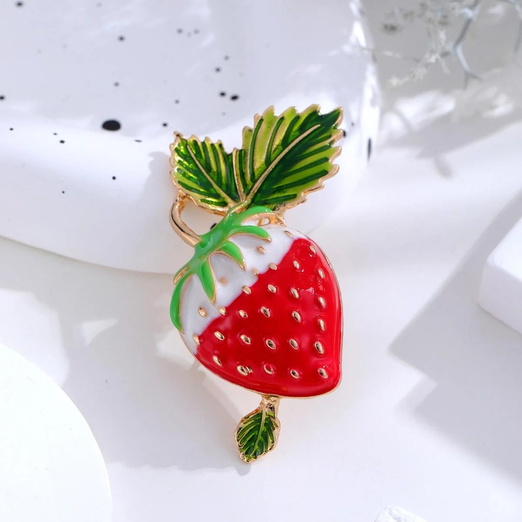 Cute Enamel Strawberry Fruit Brooch With Green Leaves, Gold Tone Alloy Lapel Pin For Cardigan Gift