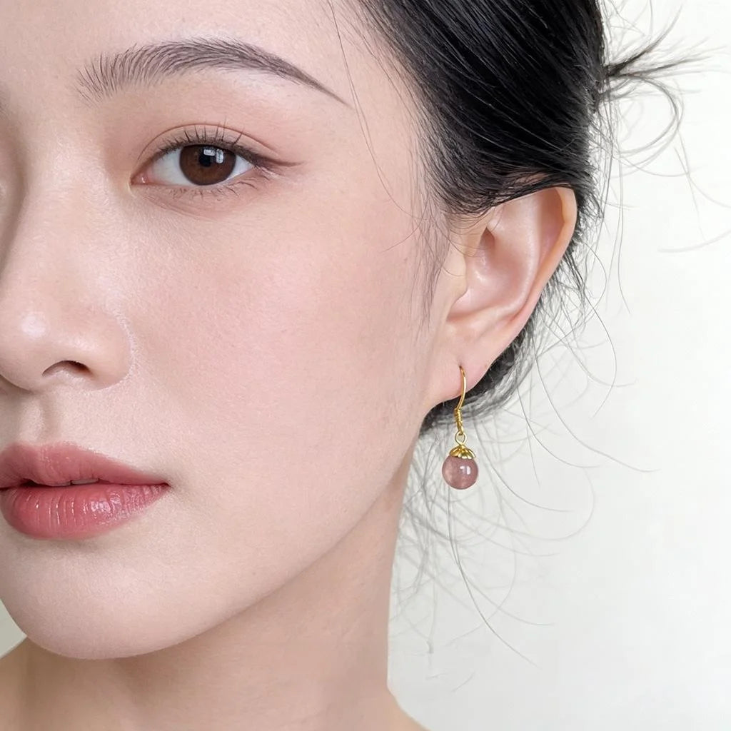Handmade Copper Strawberry Quartz Tassel Drop Earrings, Sweet Geometric New Chinese Style