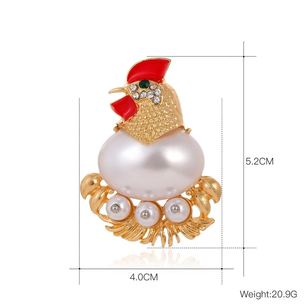 Vintage Pearl Rooster Brooch With Red Enamel And Rhinestone Accents, Elegant Women's Lapel Pin Gift