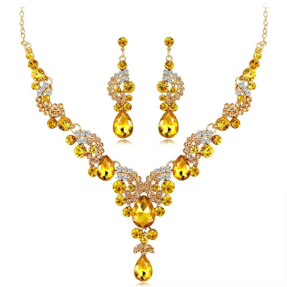 Luxury Blue Crystal Rhinestone Teardrop Necklace And Earrings Jewelry Set For Bridal Wedding Party Gift