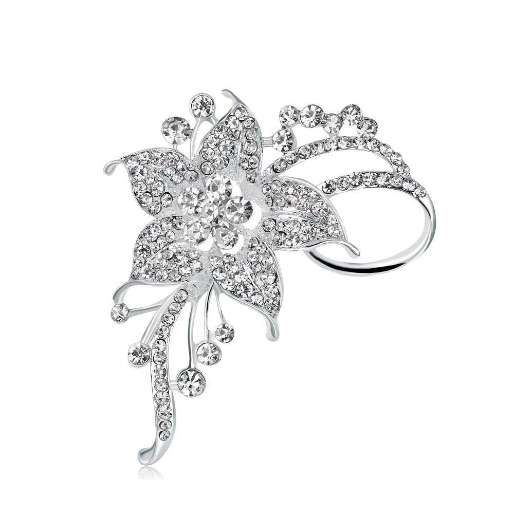 Elegant Rhinestone Alloy Flower Brooch For Women, Luxury Floral Lapel Pin Corsage Suit Accessory Gift