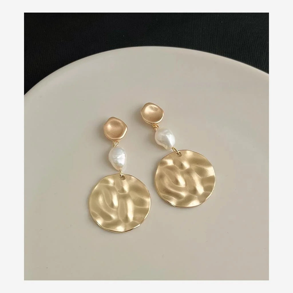 Vintage Baroque Freshwater Pearl Geometric Copper Drop Earrings With Matte Round Design