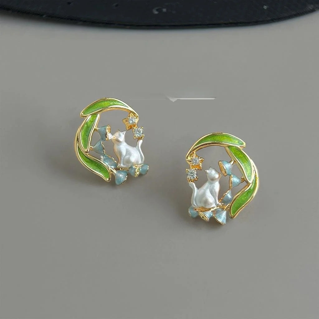Cute Cat And Orchid Painted Micro Pave Zircon Copper Stud Earrings With Silver Plated Pins