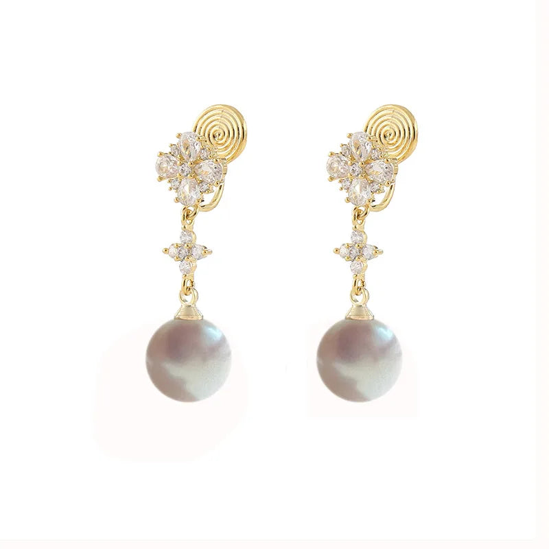 Elegant Gold Tone Flower Zircon Faux Pearl Long Drop Stud & Clip On No Piercing Dangle Earrings