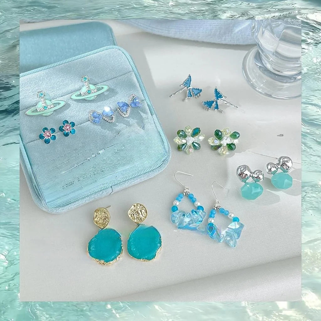 Ocean Blue Glass Crystal Flower Drop Earrings Copper Fresh Sweet Beach Vacation Jewelry