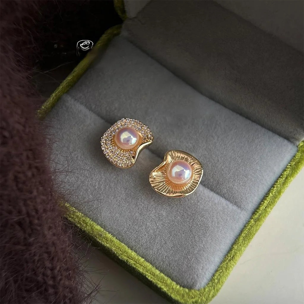 Designer Copper Micro Pave Zircon Ruffle Pearl Stud Earrings Light Luxury Asymmetric Geometric Style