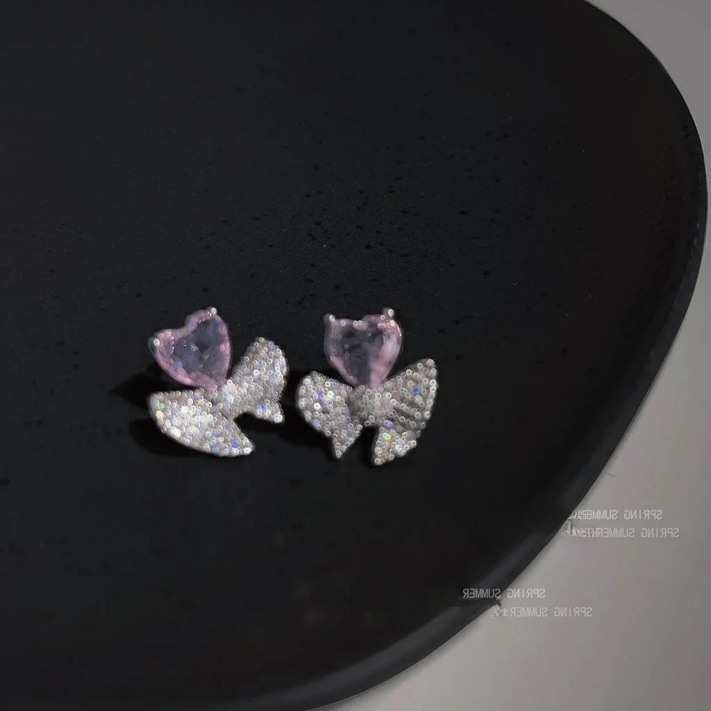 Sweet Cool Purple Heart Zircon Bow Stud Earrings Copper Full Zircon Niche Design Jewelry