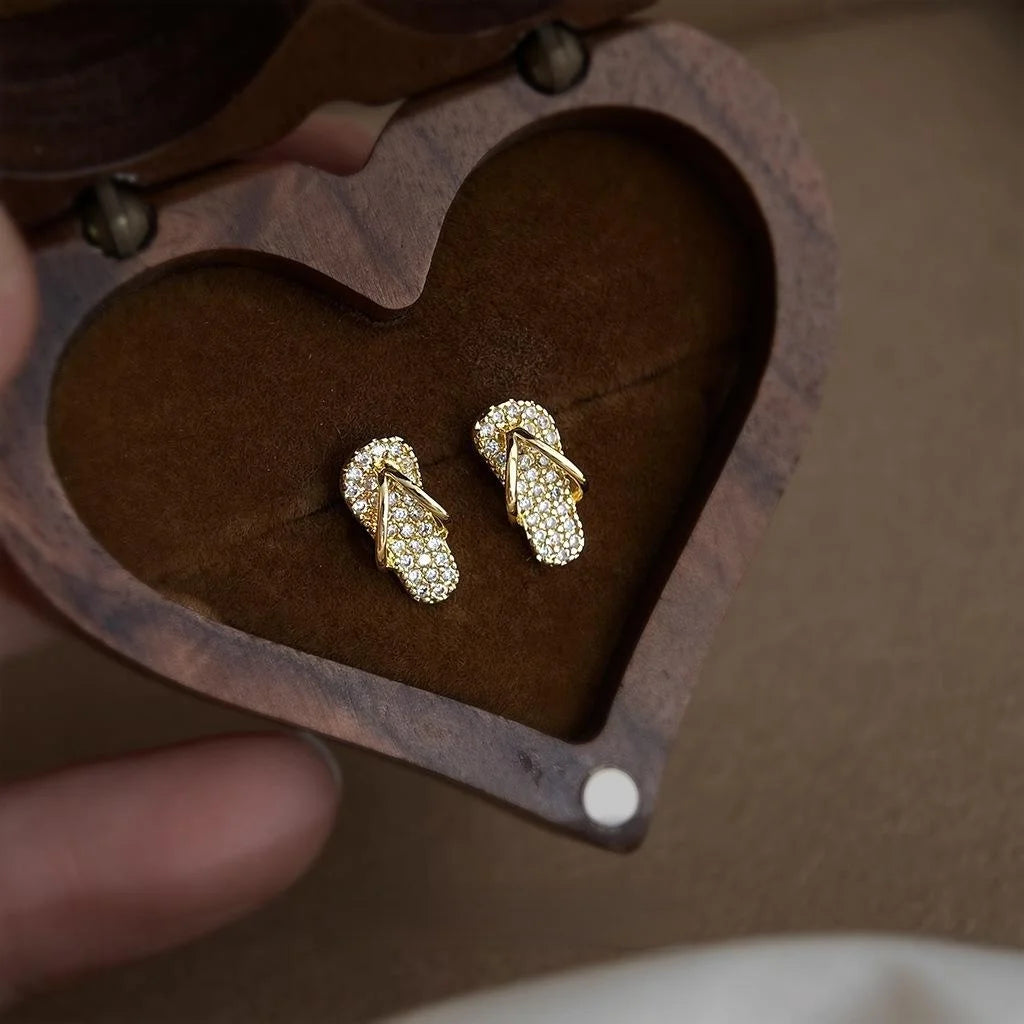 14K Plated Eco Copper Geometric Slipper Stud Earrings With Micro Pave Zircon For Women