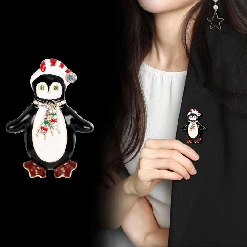 Cute Christmas Penguin Enamel Brooch With Rhinestone Scarf, Festive Animal Lapel Pin Corsage Gift