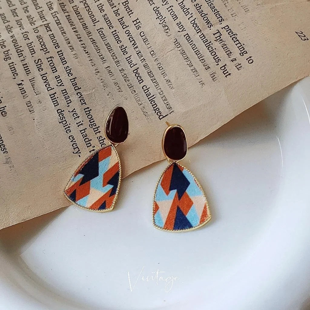 Artistic Hong Kong Style Colorblock Velvet Enamel Geometric Metal Stud Earrings
