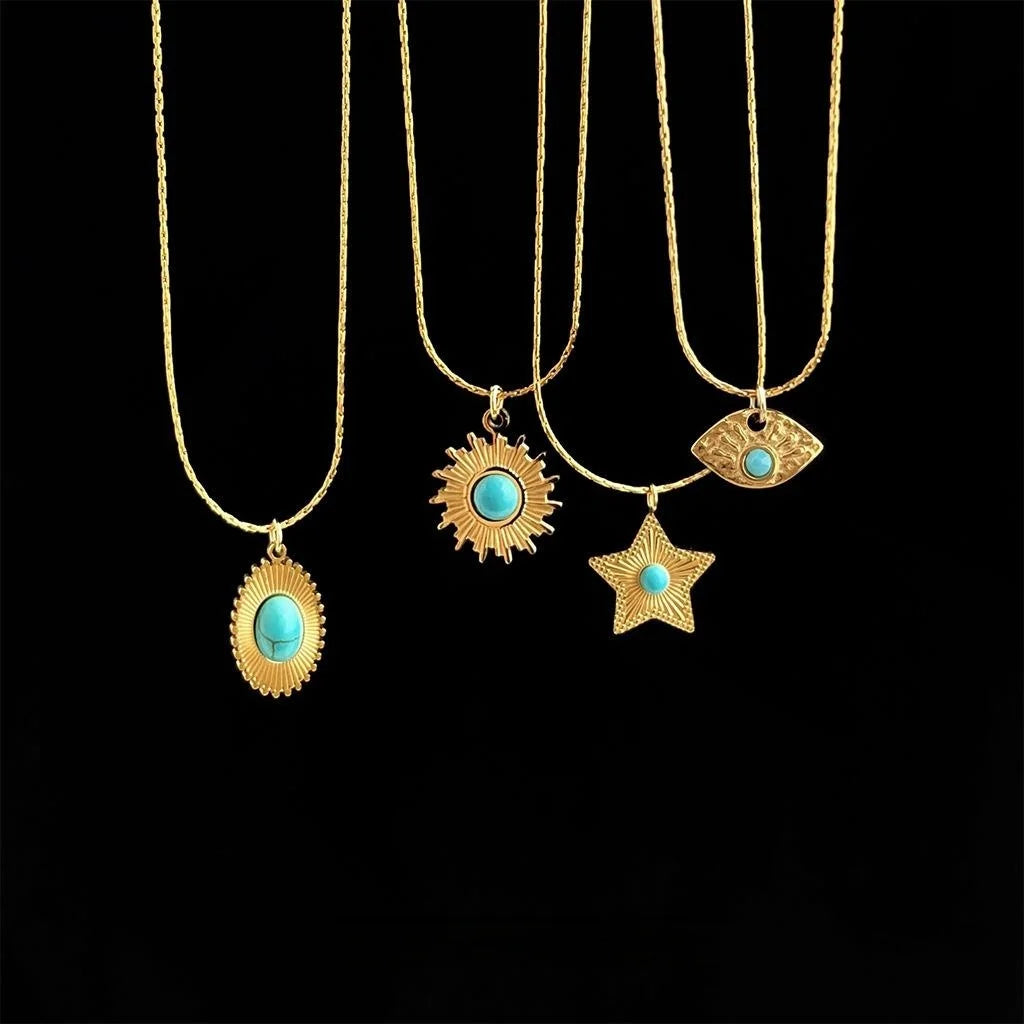 Vintage 18K Gold Plated Stainless Steel Synthetic Turquoise Sun Star Necklace