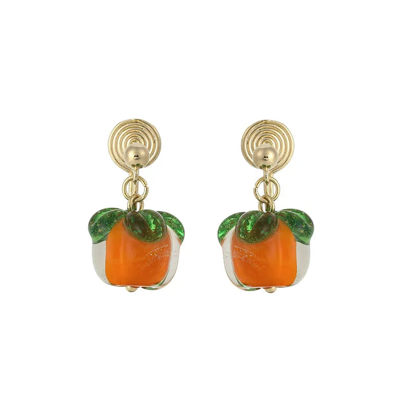 Elegant Orange Green Persimmon Fruit Enamel Alloy Stud & Clip On No Piercing Drop Dangle Earrings