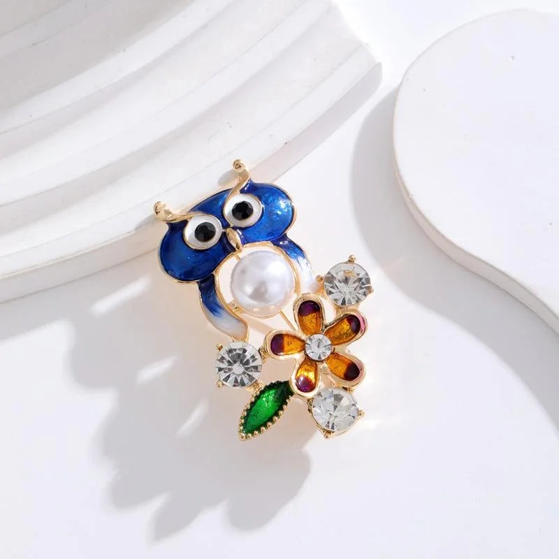 Cute Blue Enamel Owl And Flower Brooch With Rhinestones And Faux Pearl, Elegant Lapel Pin Gift